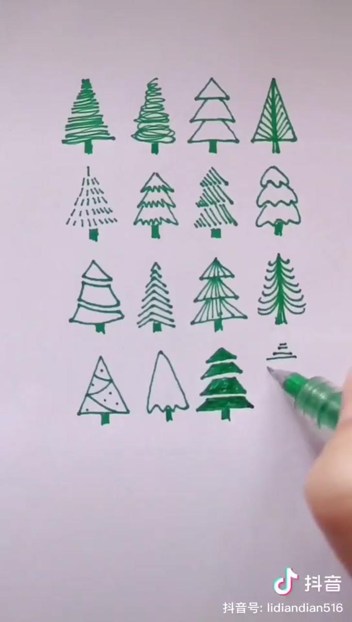 How to draw trees step by step, simple trees drawing tutorials; christmas card art
