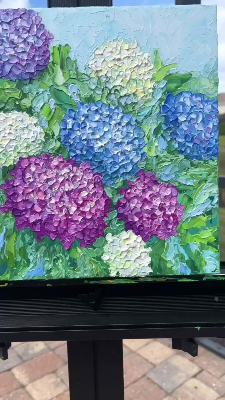 Hydrangea blooms, created with palette knife and acrylics | how to draw beautiful scenery with artbeek acrylic
