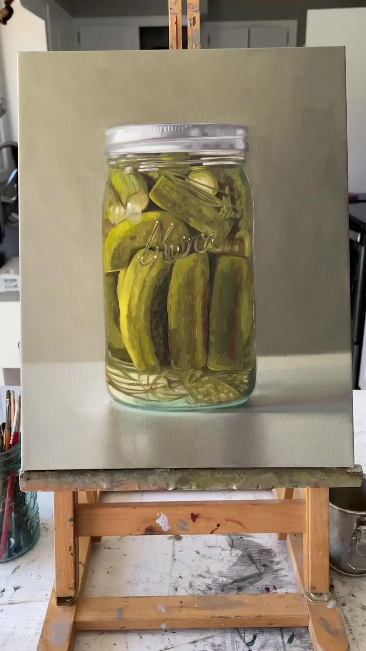 Jar of pickles, oil painting demo | large commissioned cloud and meadow soft pastel painting