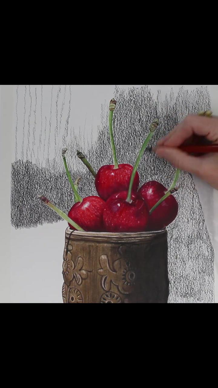 Learn to draw a cherry still life with colored pencils | bell pepper acrylic painting illustration illustrationsandviews