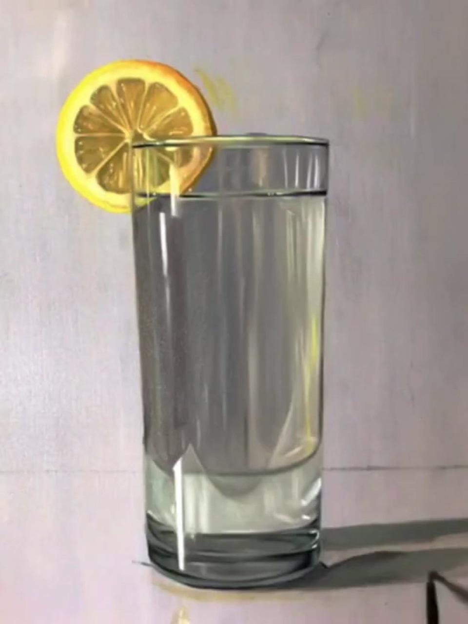 Oil painting time-lapse, water glass and lemon slice; oil painting videos