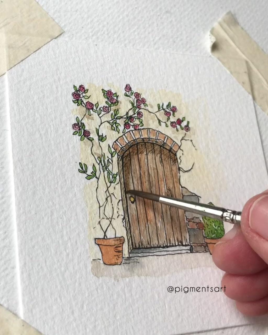 Old door painting in watercolours and ink | watercolor paintings for beginners