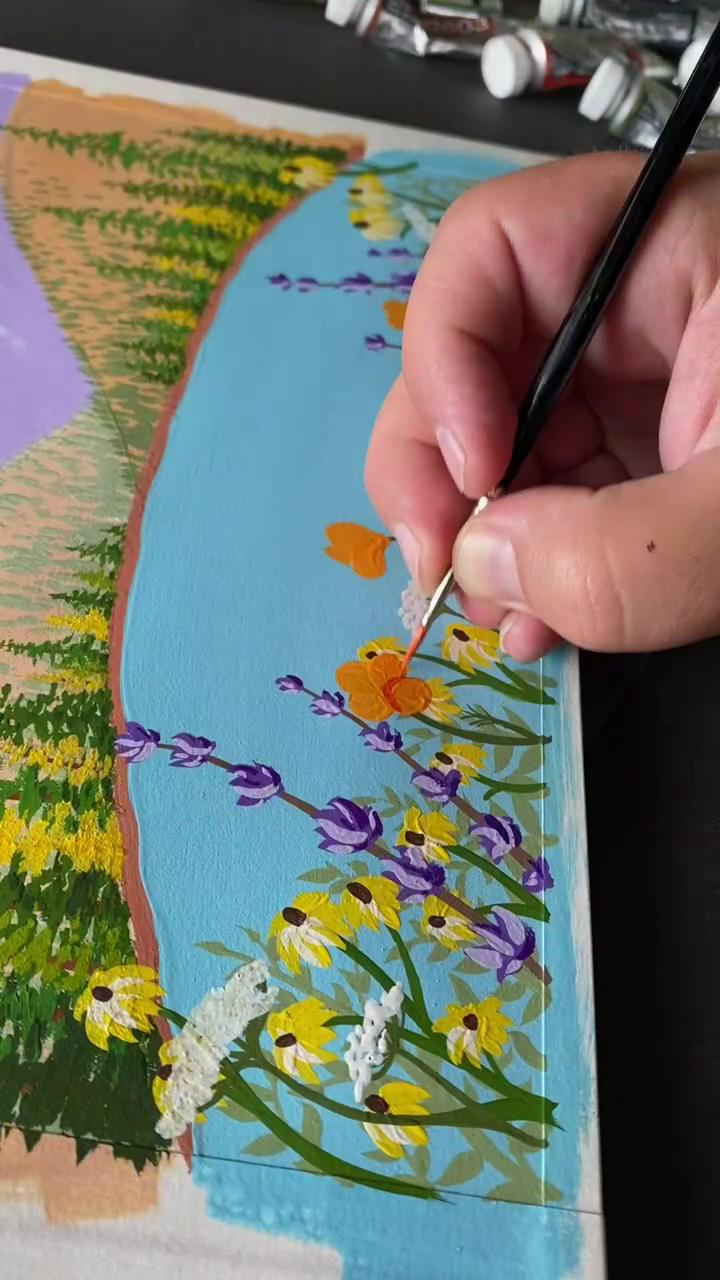 Painting a mountain landscape with wildflowers; canvas painting tutorials