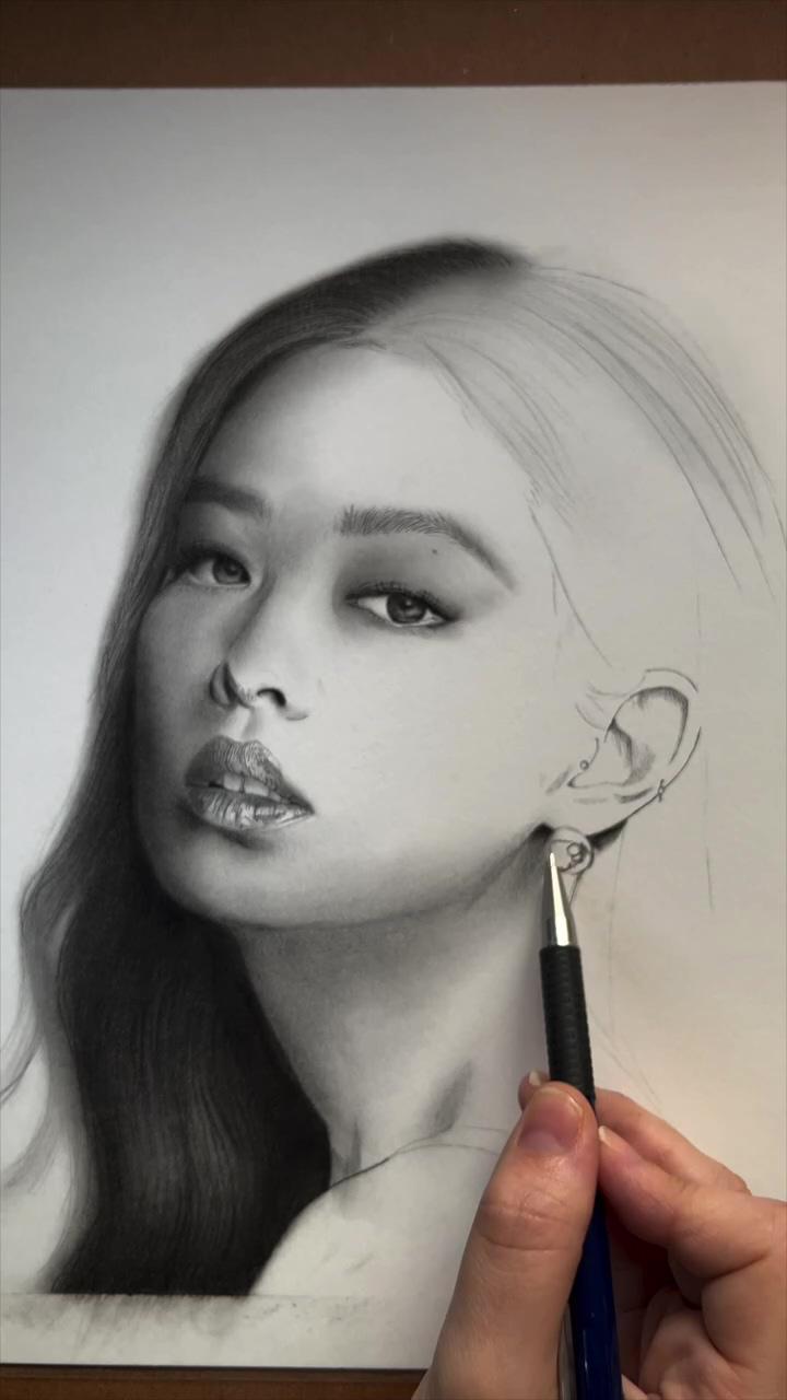 Portrait drawing, fan art sketch, art reel of jennie from blackpink by nadia moreno nache #jennie; awesome artist doing satisfying craft, creative ideas that are at another level