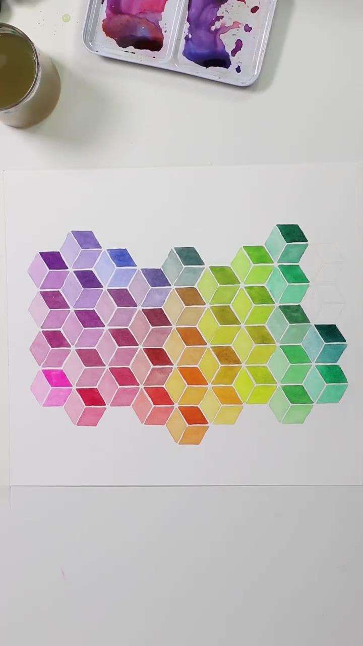 Rainbow watercolor cube painting - josie lewis; watercolor paintings easy