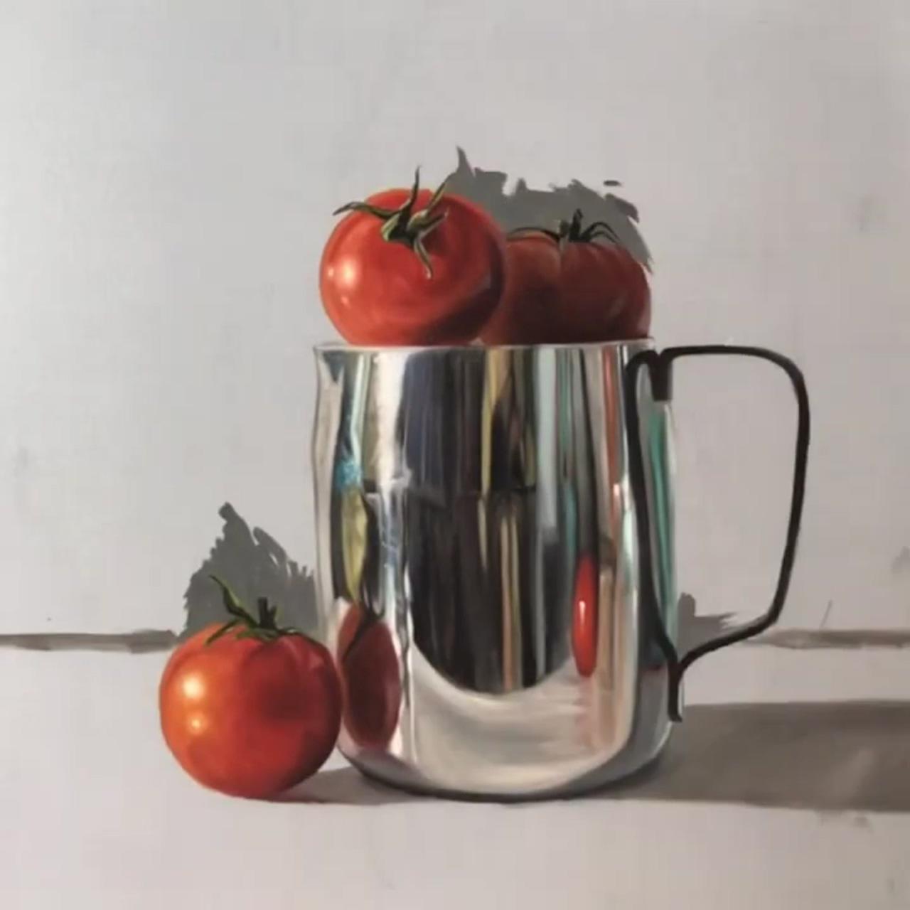 Time-lapse oil painting, tomatoes and reflective cream pitcher | oil painting basics