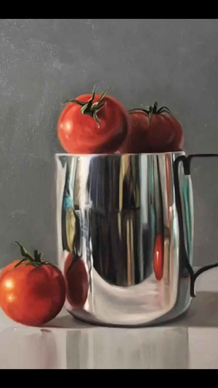 Tomatoes in reflective pitcher, oil painting demo; painting art lesson
