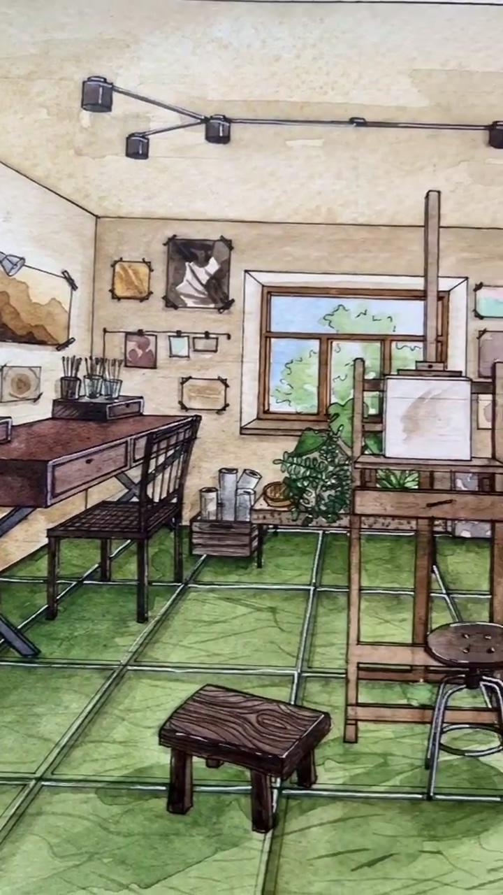 Watercolor. watercolor sketch. interior design. art studio. sketch. aesthetic drawing | interior architecture sketch
