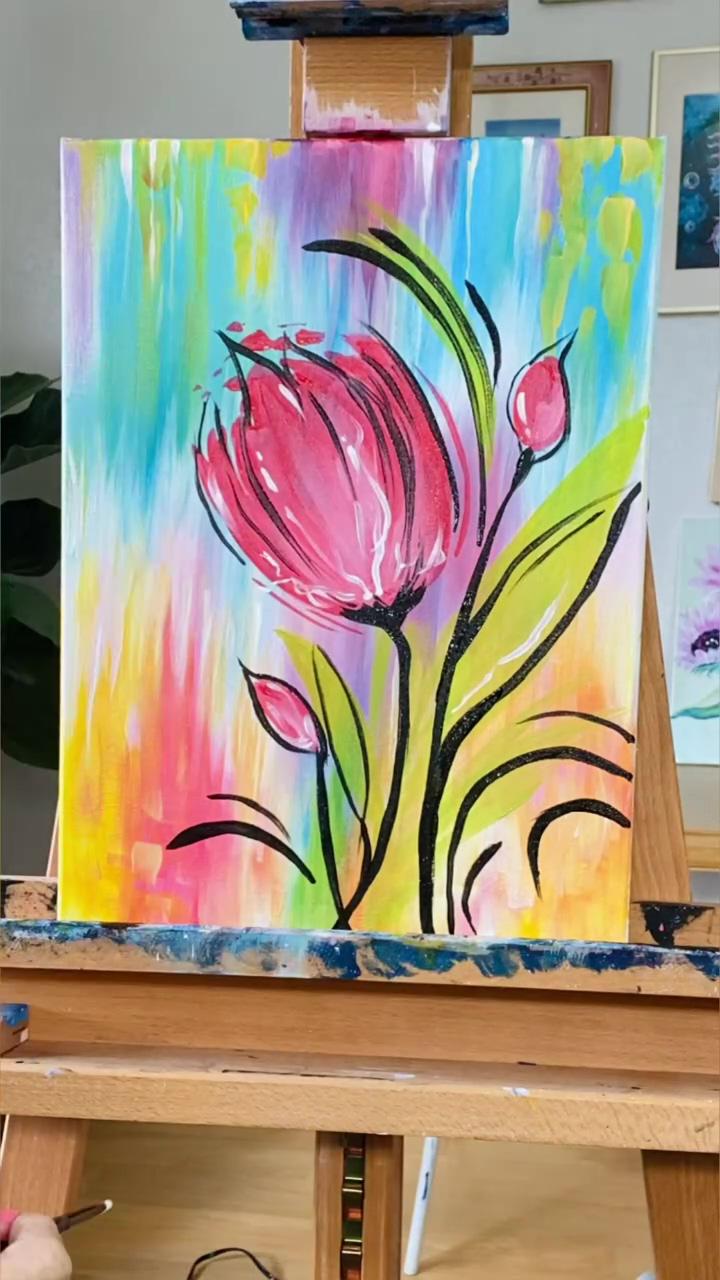 Whimsical tulip easy beginner acrylic painting for spring; hattifant's original 3d paper christmas trees