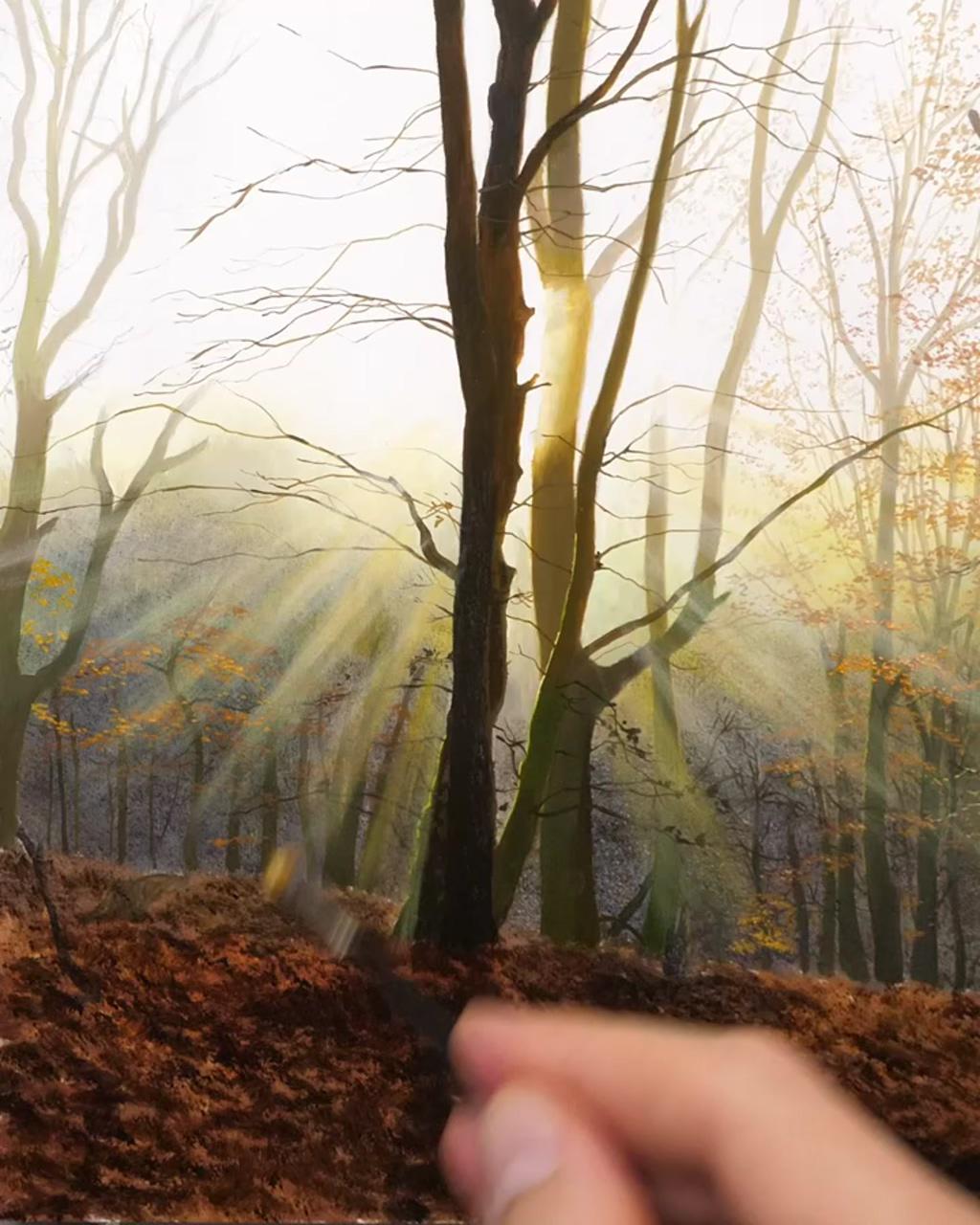 Autumn rays - mjs online painting lessons; landscape painting tutorial