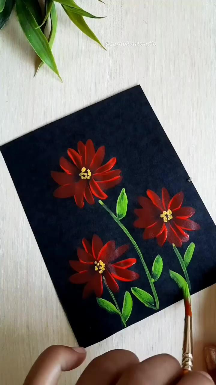 Beautiful round brush flower painting acrylic | black canvas art