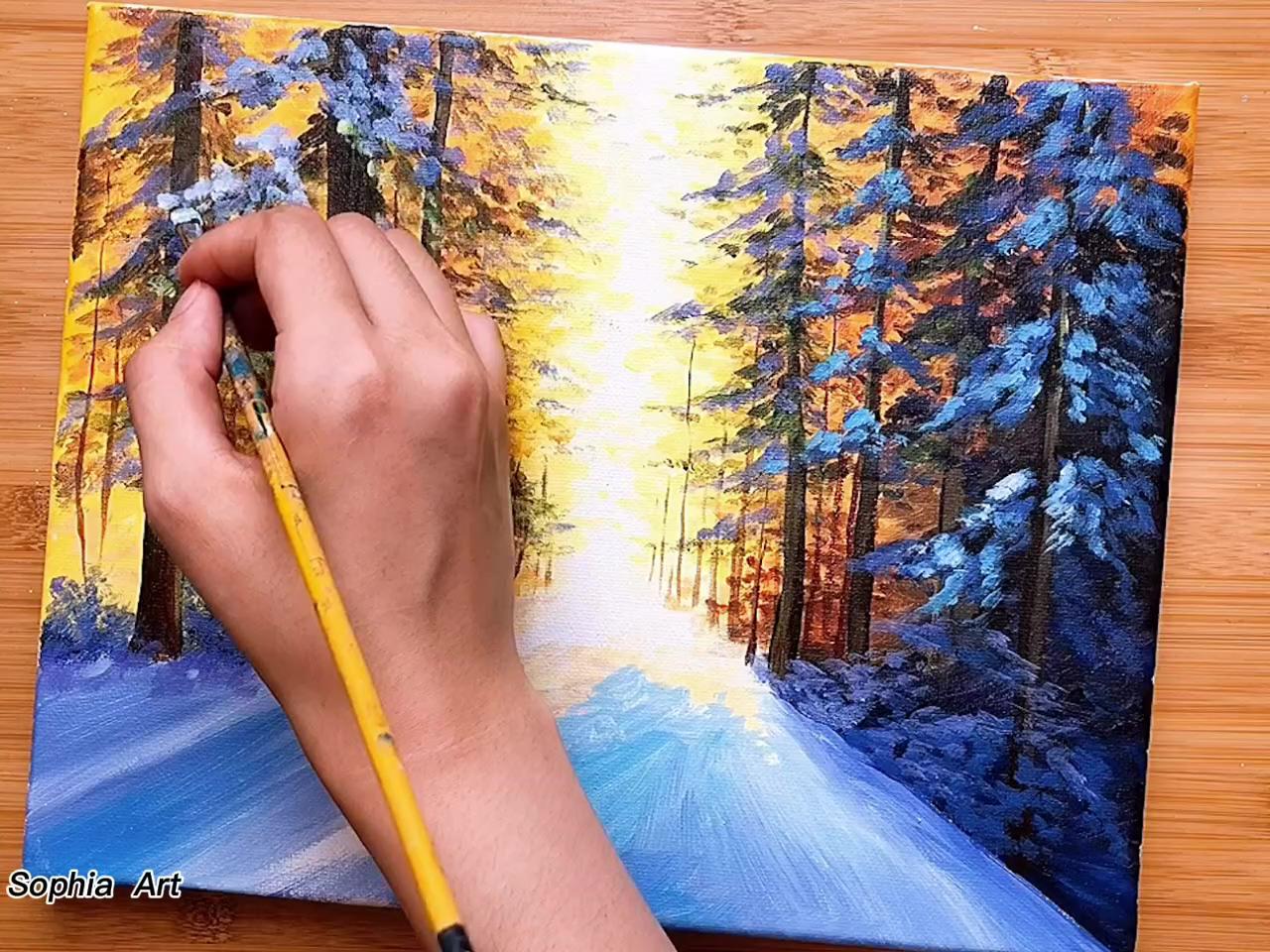 Beautiful snow scene, acrylic painting tutorial, sophia art; nature paintings acrylic