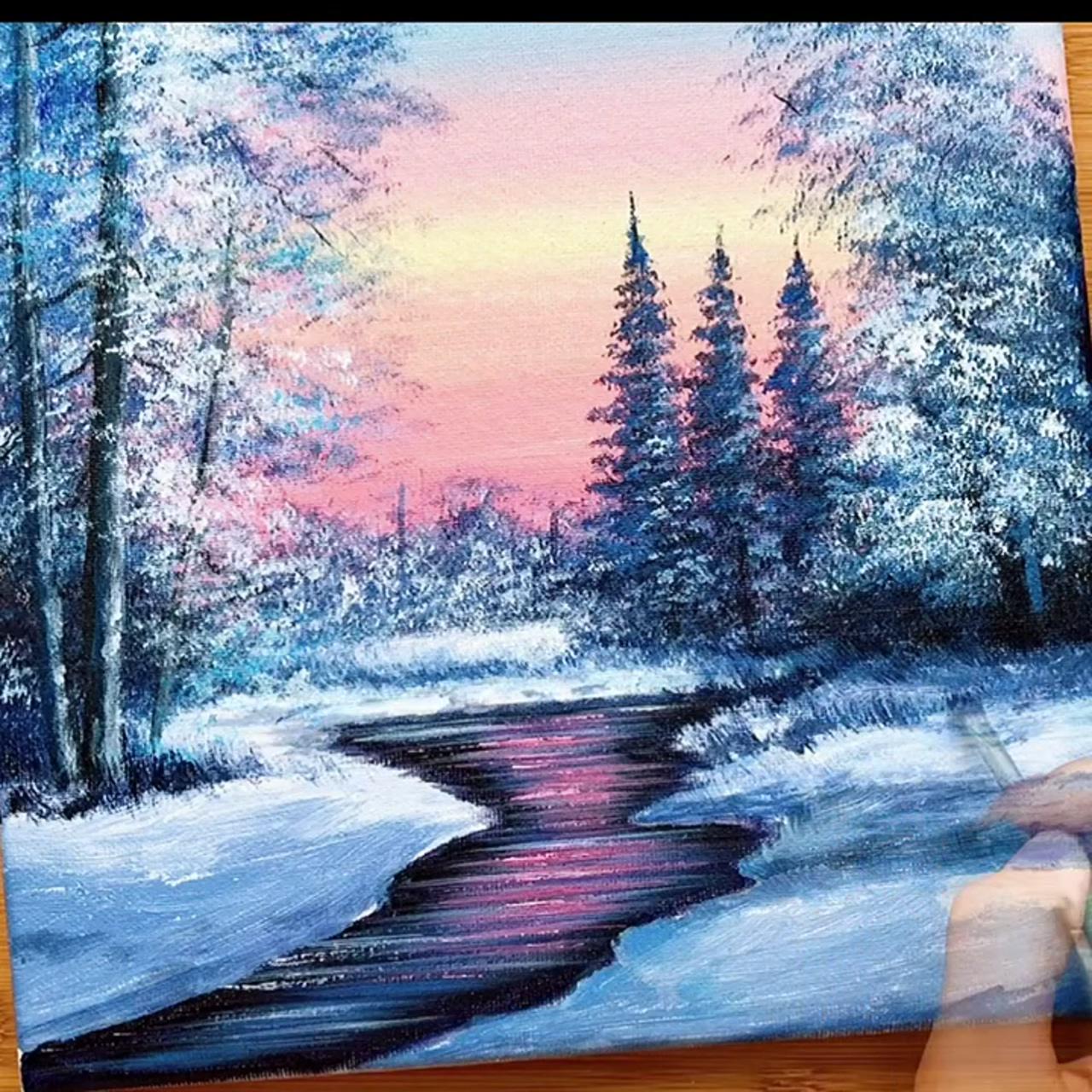Beautiful snow scenery, acrylic painting tutorial, sophia art; landscape painting tutorial