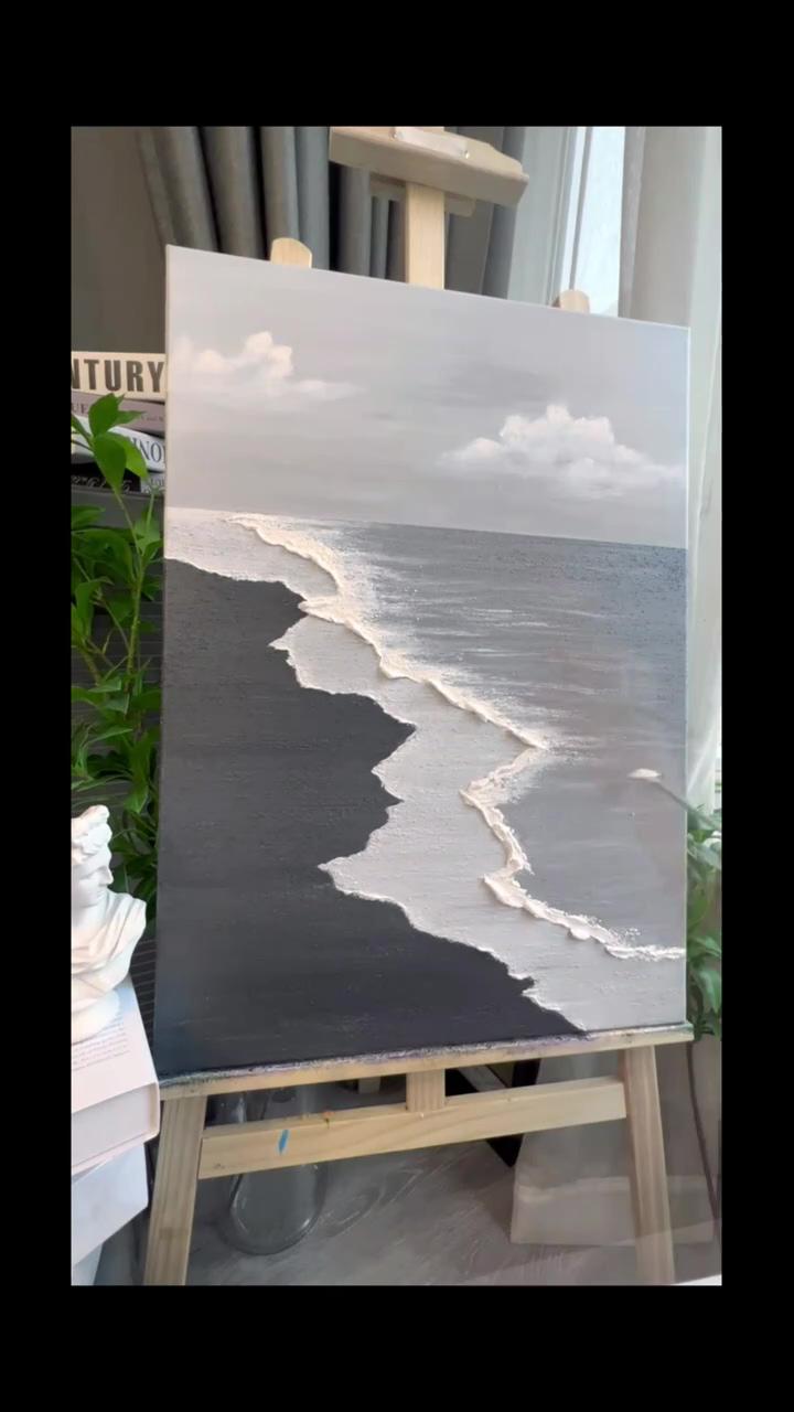 Black beach waves texture canvas painting minimalist wall art beach waves living room decor painting; diy abstract canvas art