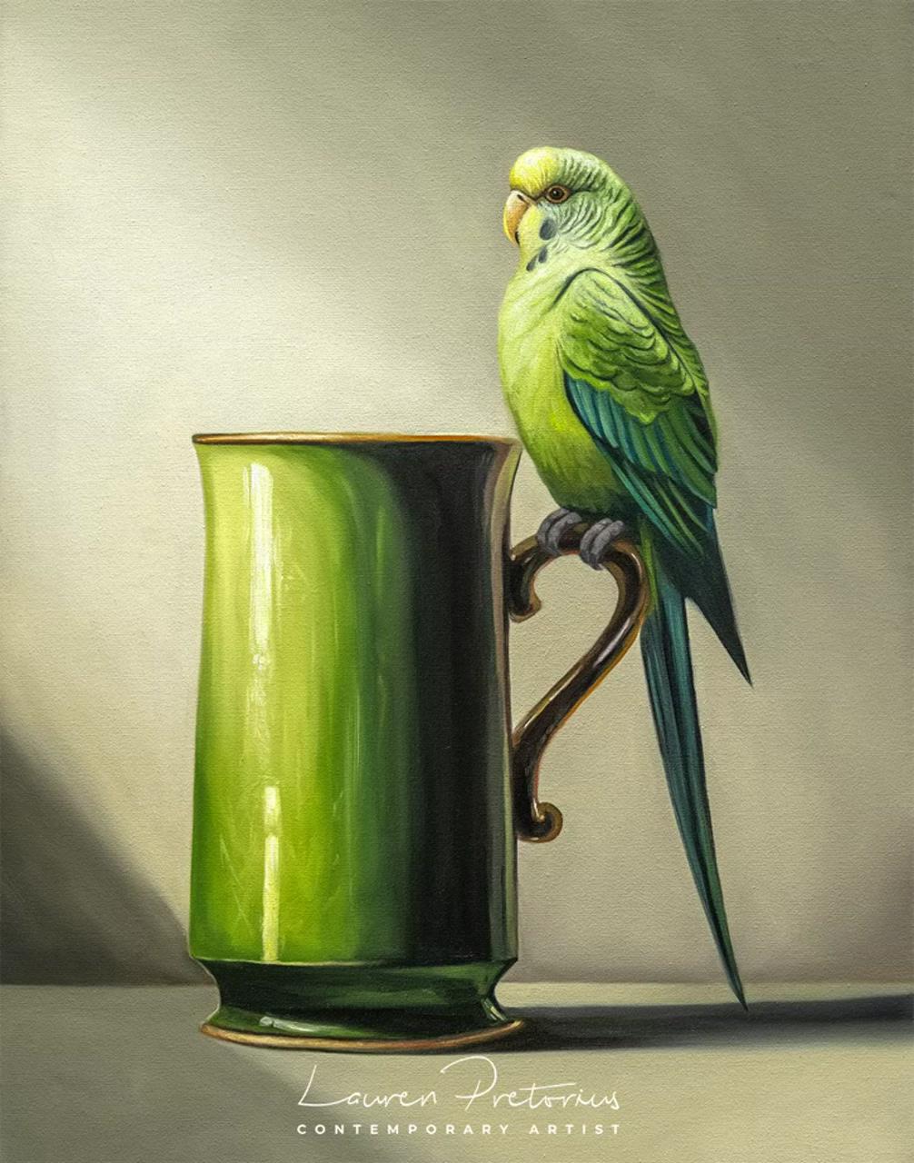 Budgie and green mug, original oil painting; food art painting