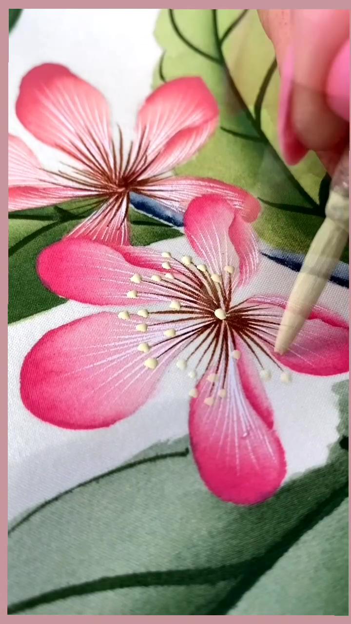 Cherry blossom flower painting on silk; kiran's art