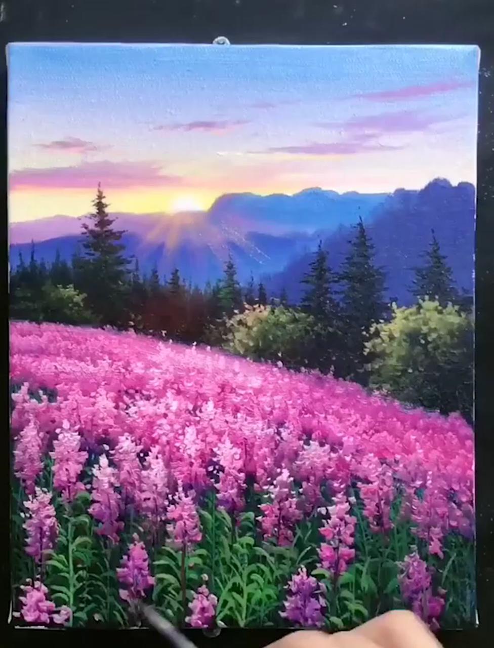 Colorful flower field painting; yellow flower painting for beginners