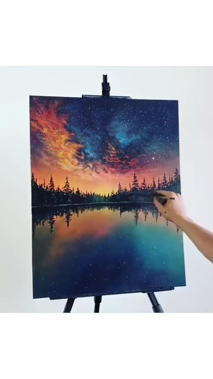 Colorful night sky reflection acrylic painting; how to draw space with artbeek acrylic#acrylic