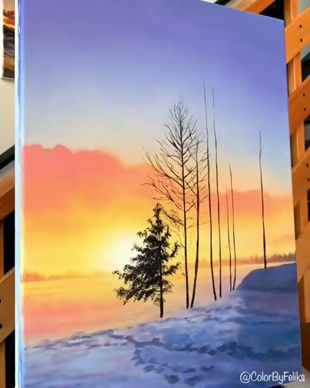 Easy acrylic winter painting ideas, sunset landscape scene; landscape painting tutorial