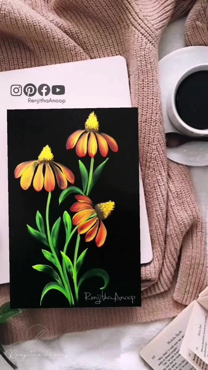 Flower painting using round brush; beautiful golden flowers acrylic painting