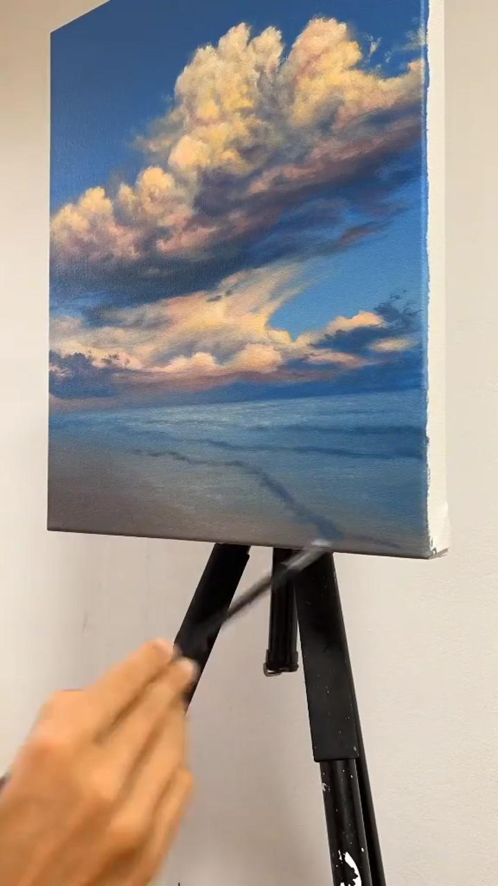 Fluffy clouds and ocean acrylic painting; realistic nature painting realistic landscape painting realistic painting ideas realistic paint
