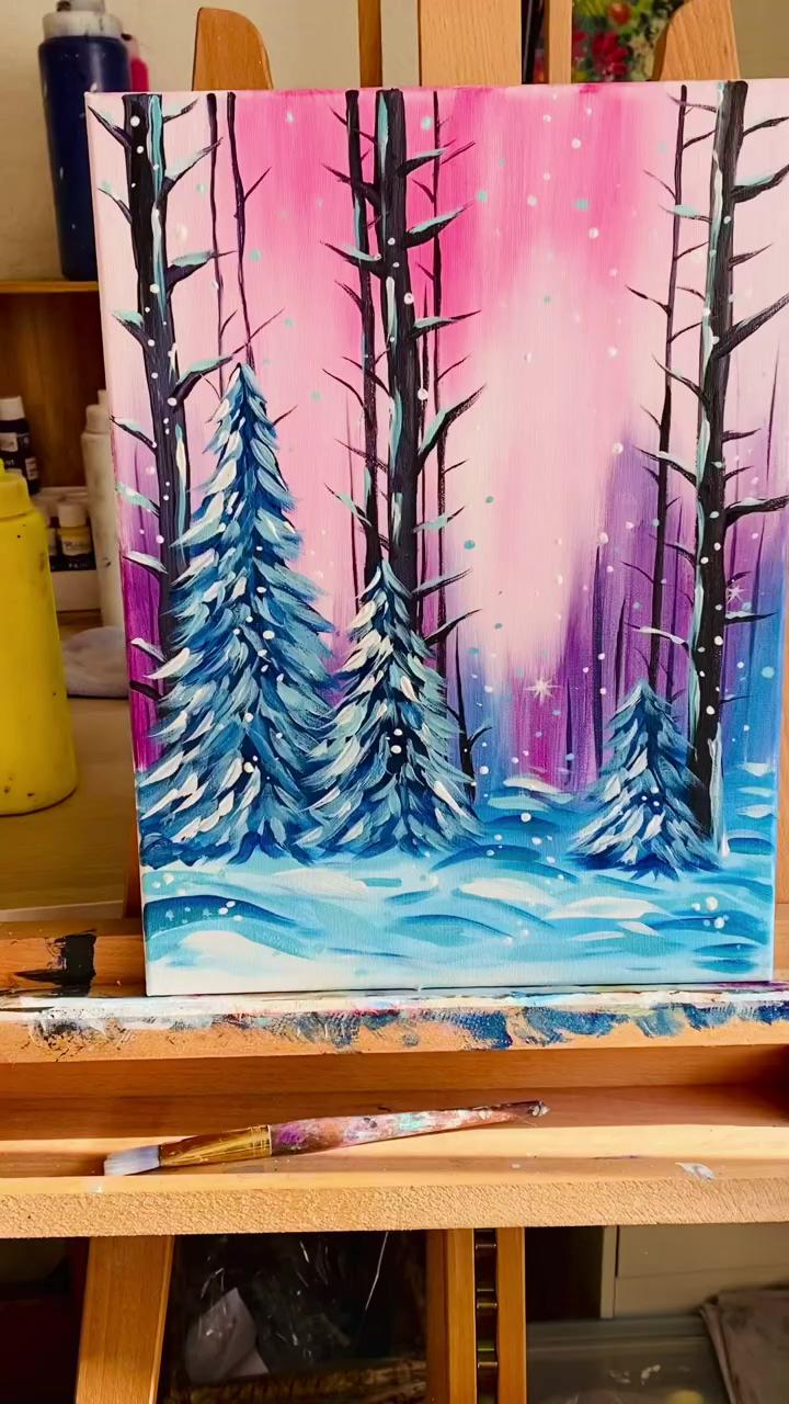 Frozen forest: christmas holiday winter acrylic painting ideas; acrylic art projects