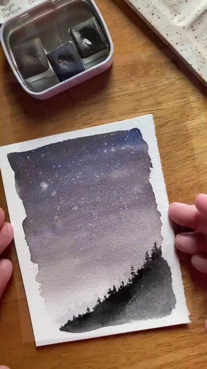 Glowing watercolor night sky | painting the moonlight 
