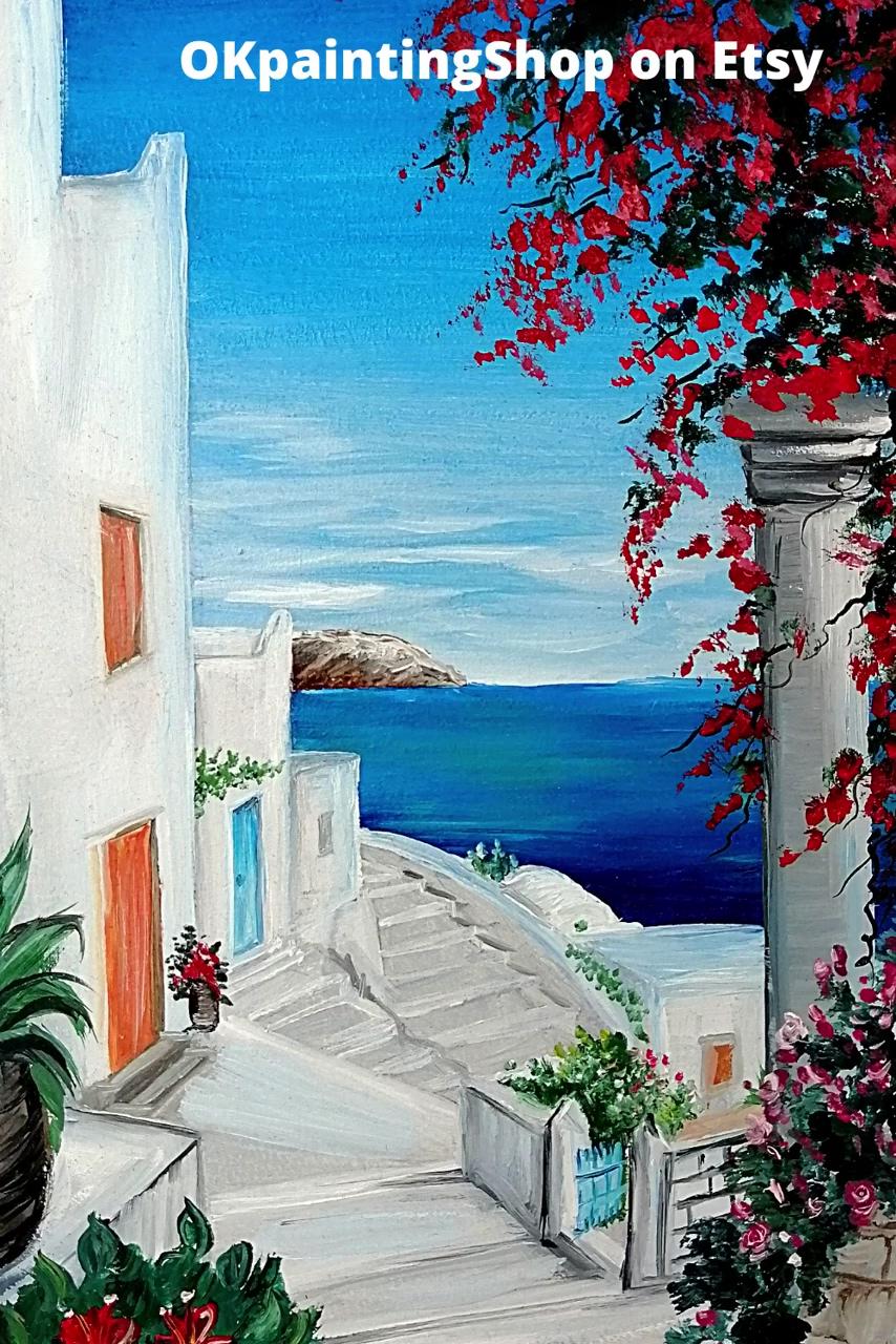 Greece wall art oil painting, above bed decor, unframed santorini greece art, free express shipping; rome painting
