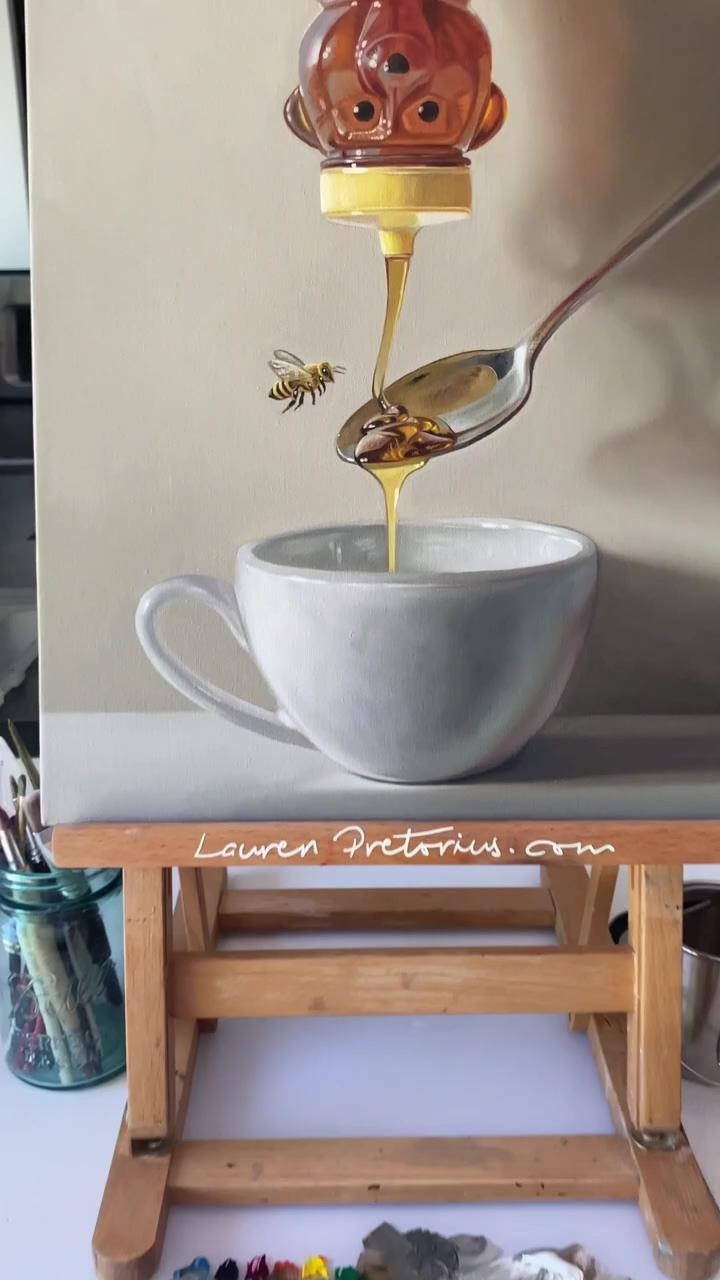 Honey bear and bee, oil painting demo; art transition ideas 