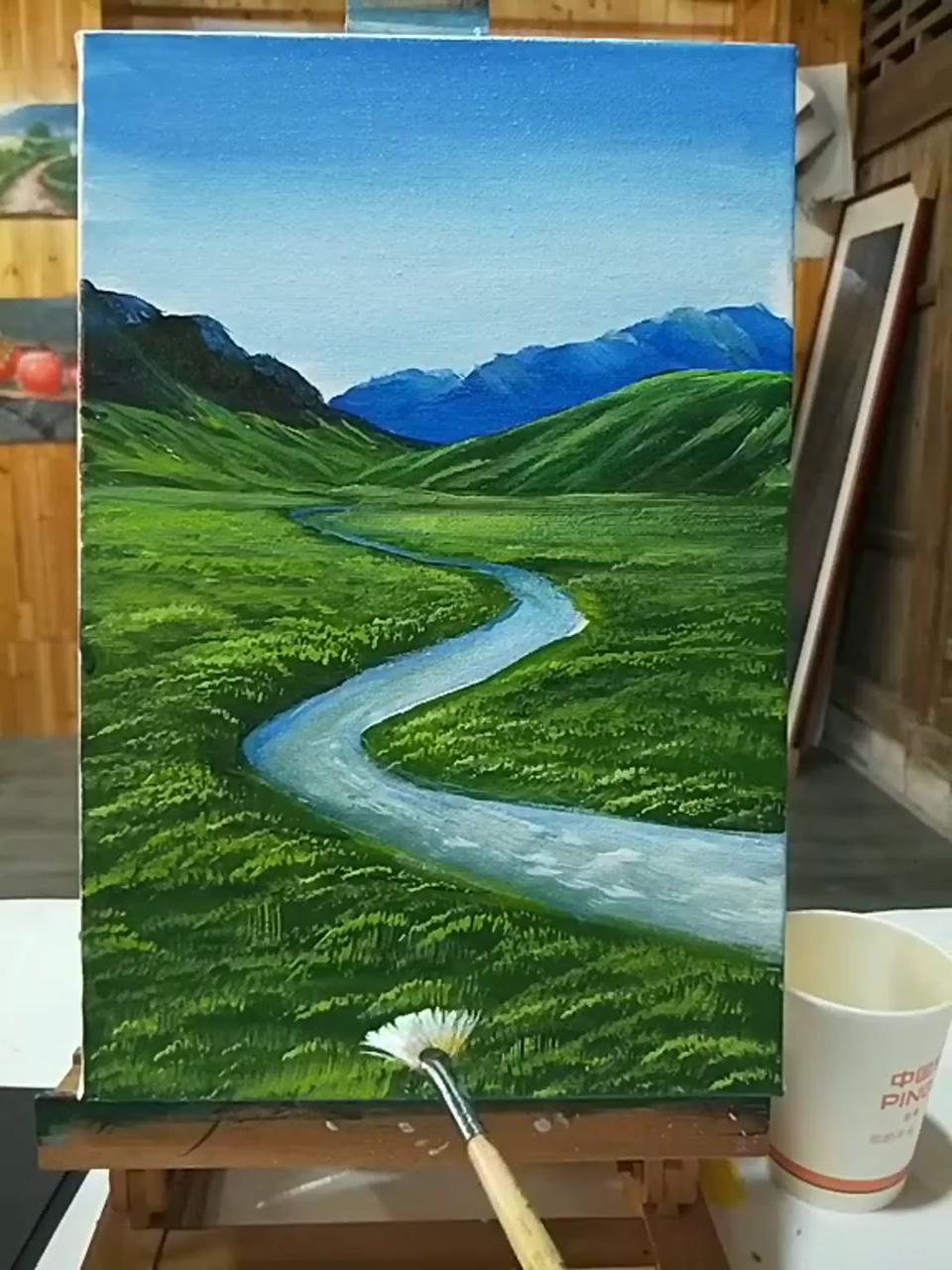 How to draw a landscape with mountains and river; landscape art painting