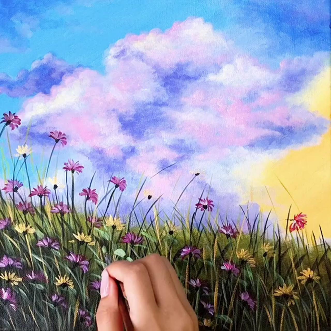 How to draw flowers and grass, acrylic painting tutorial, sophia art | sophia art,acrylic painting tutorial no. 41,#shorts