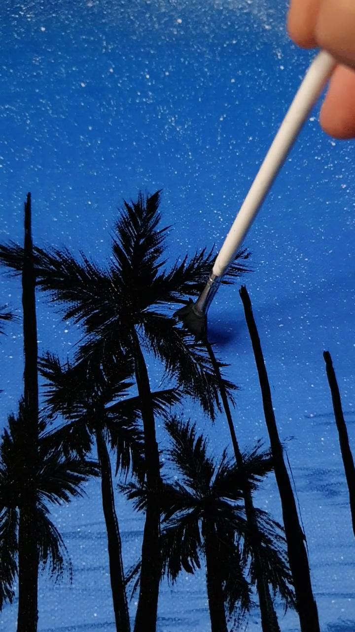 How to draw palm trees magic painting. space night landscapes; night sky speed painting