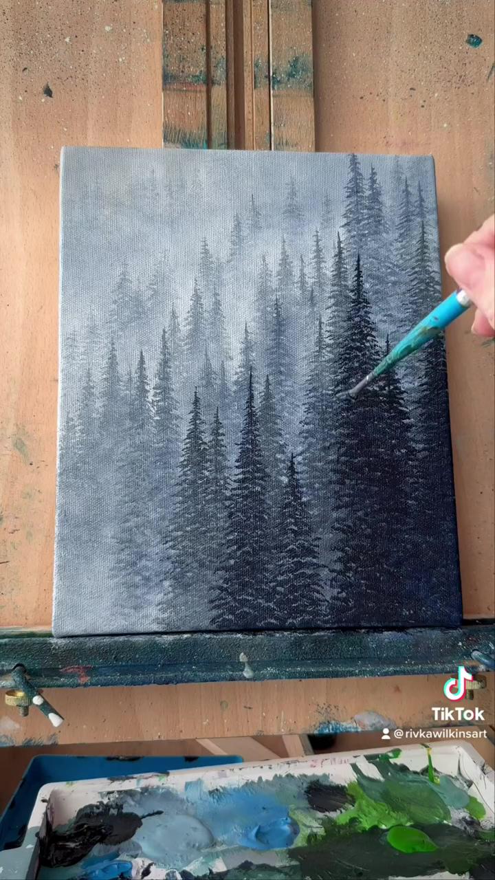 Misty forest; moonlight acrylic painting