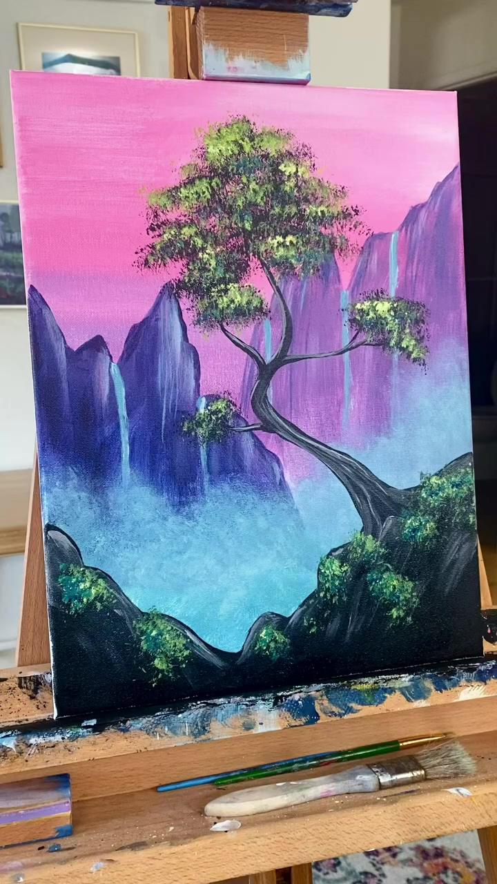 Misty mountain bonsai with waterfalls acrylic painting tutorial | tape peeling of my acrylic painting