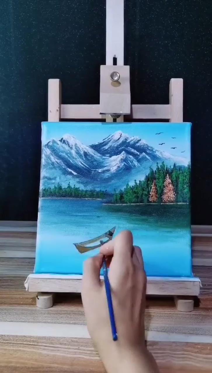 Mountain painting ,drawing boat ,painting tree , watercolor | texture painting on canvas