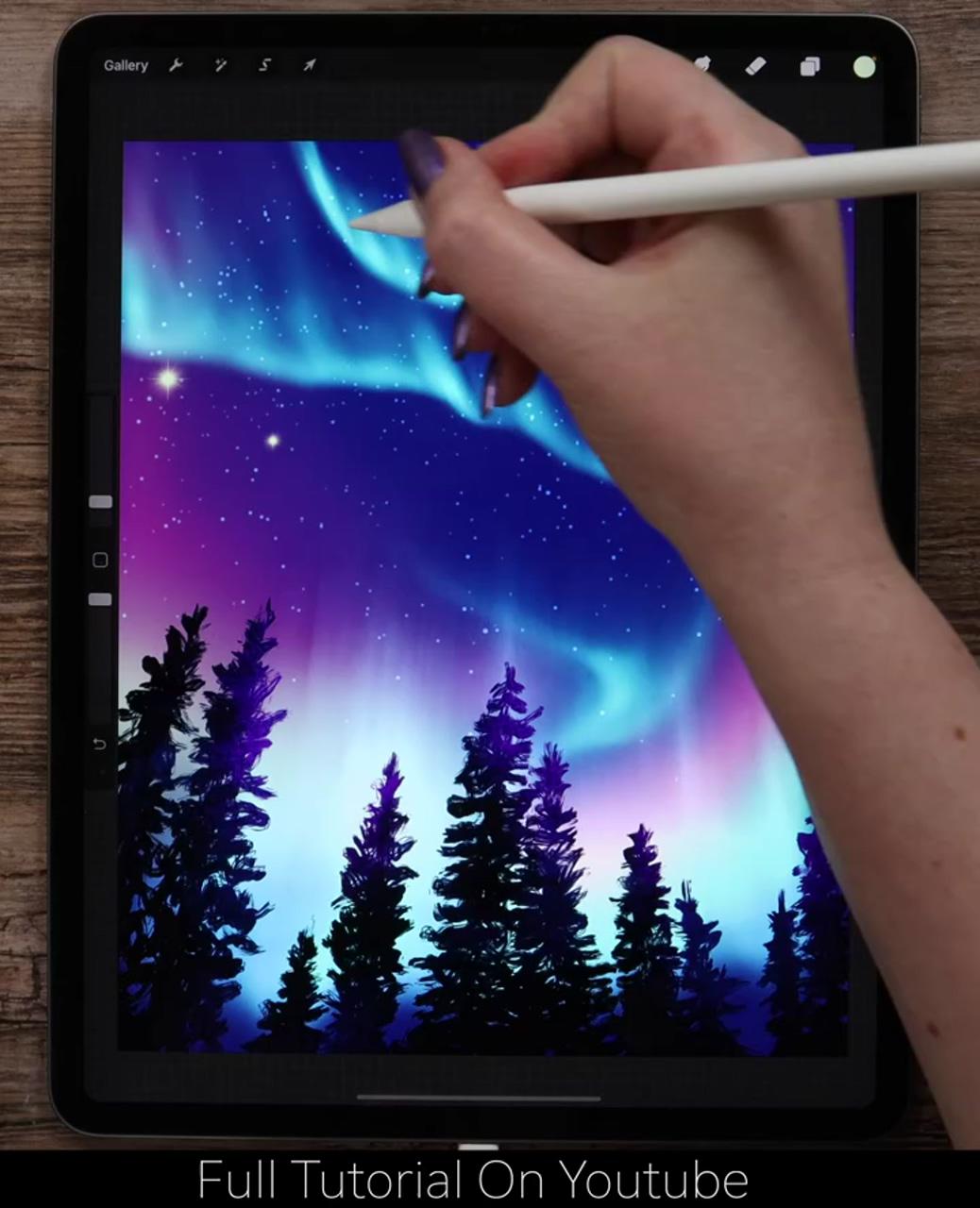 Northern lights drawing tutorial in procreate + free brushes; cute girl illustration //step-by-step procreate tutorial