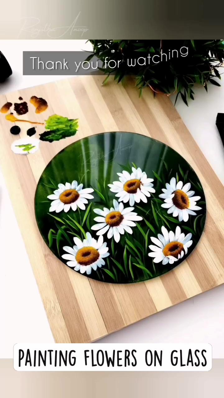 Painting flowers on glass acrylic painting; how to paint flowers with flat brush
