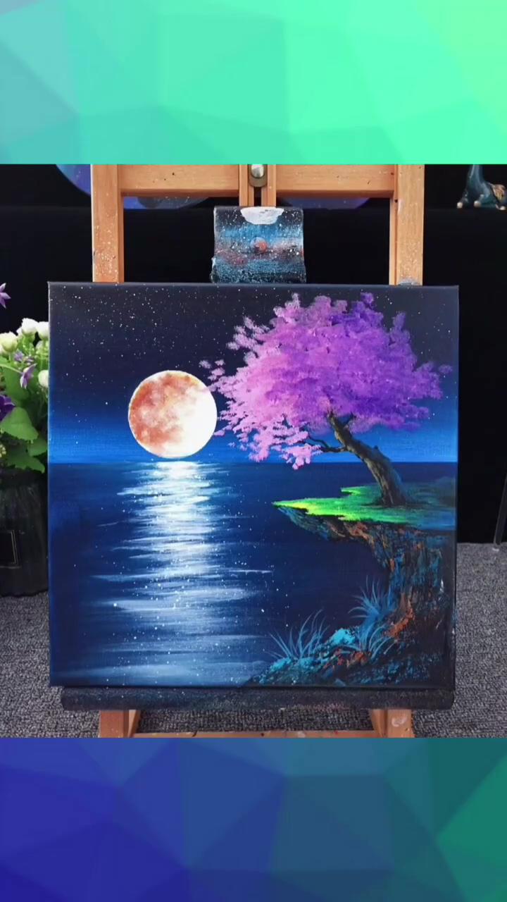 Painting of cherry blossom tree in moonlight / acrylic painting techniques; sunrise art painting