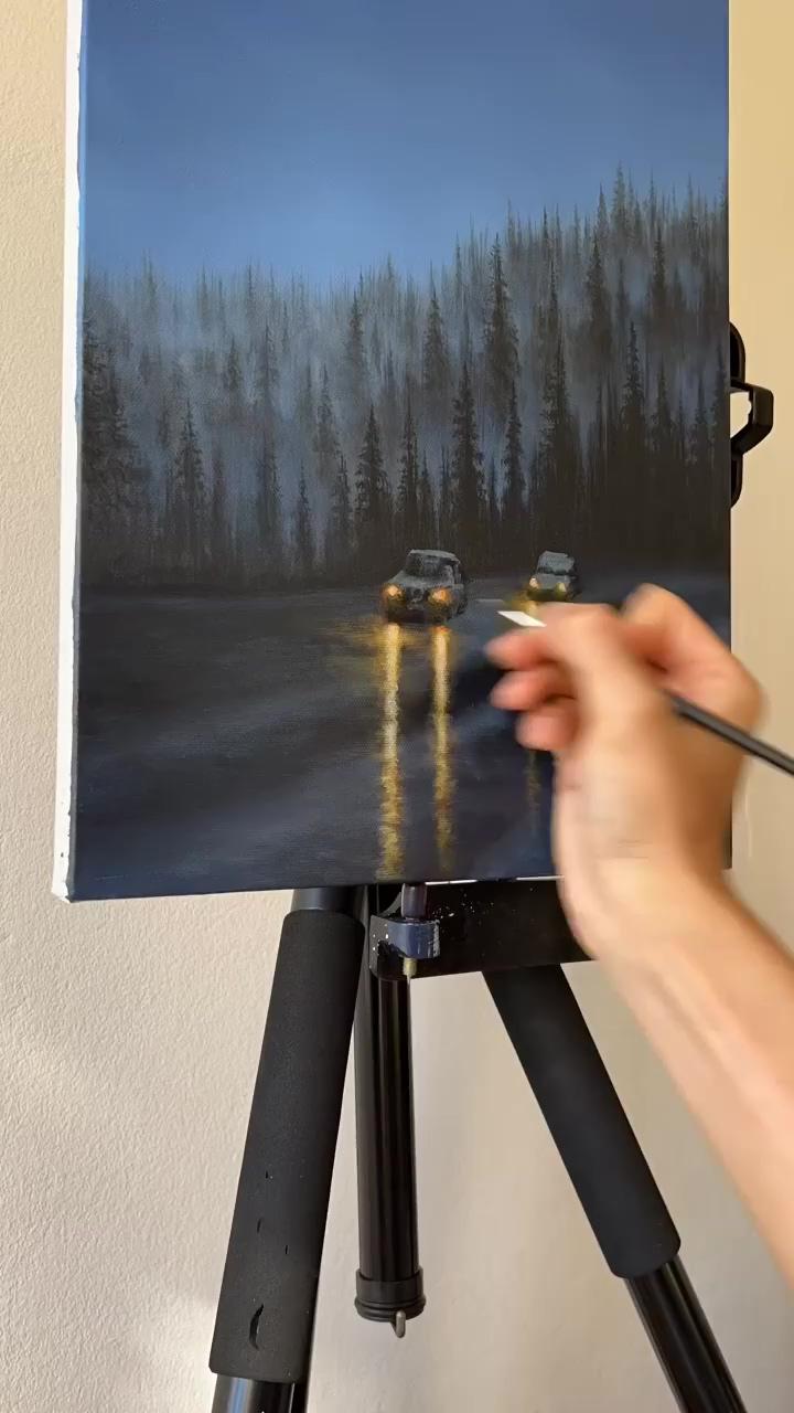 Painting two cars driving at dusk using acrylics; an outstanding realistic beach painting