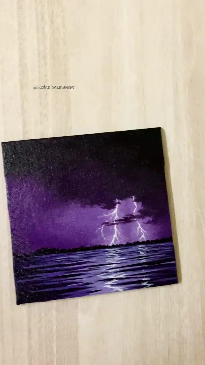 Purple thunder sky acrylic painting on mini canvas illustrationsandviews; heart on rainy window painting