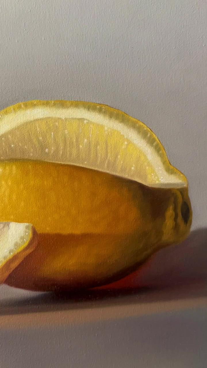 Quarter sliced lemon, fine art print; tomato quintet, oil painting demo