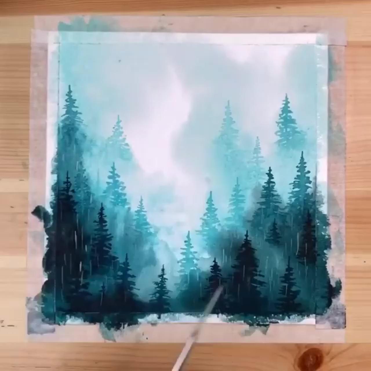 Rainy misty forest landscape watercolor | painting art lesson