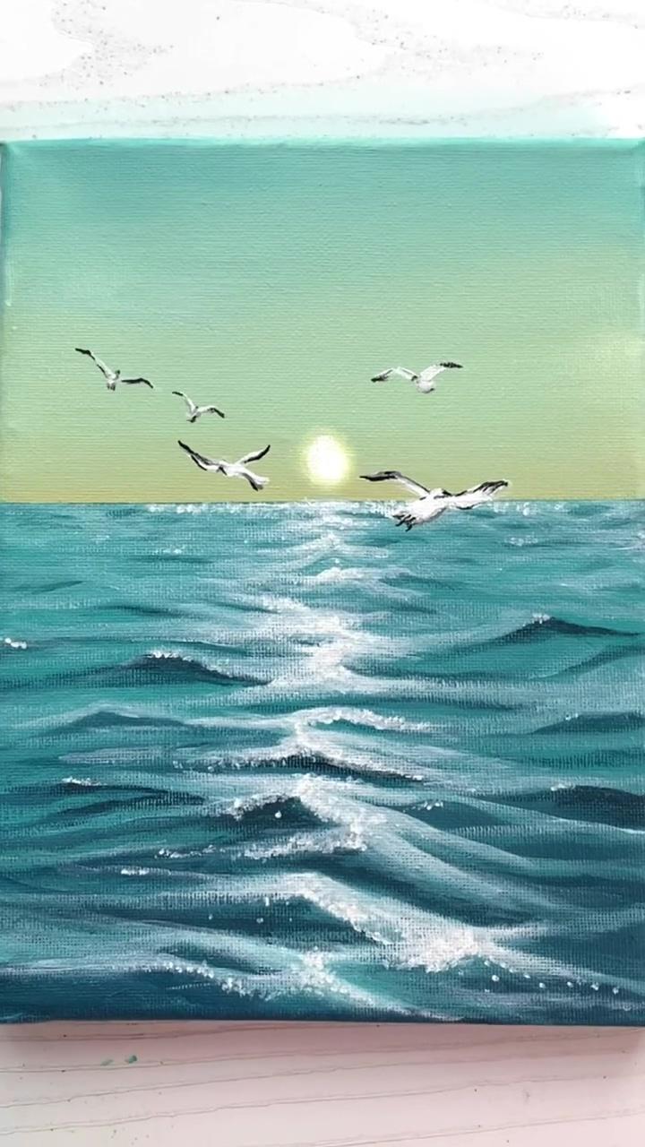 Sea water surface painting with acrylic / ocean waves painting for beginners; sky lanterns painting- gouache painting for mid autumn 2022