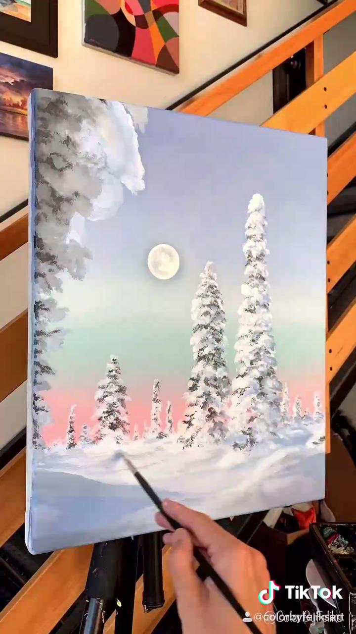 Snowy acrylic winter painting; misty forest acrylic painting, easy landscape painting
