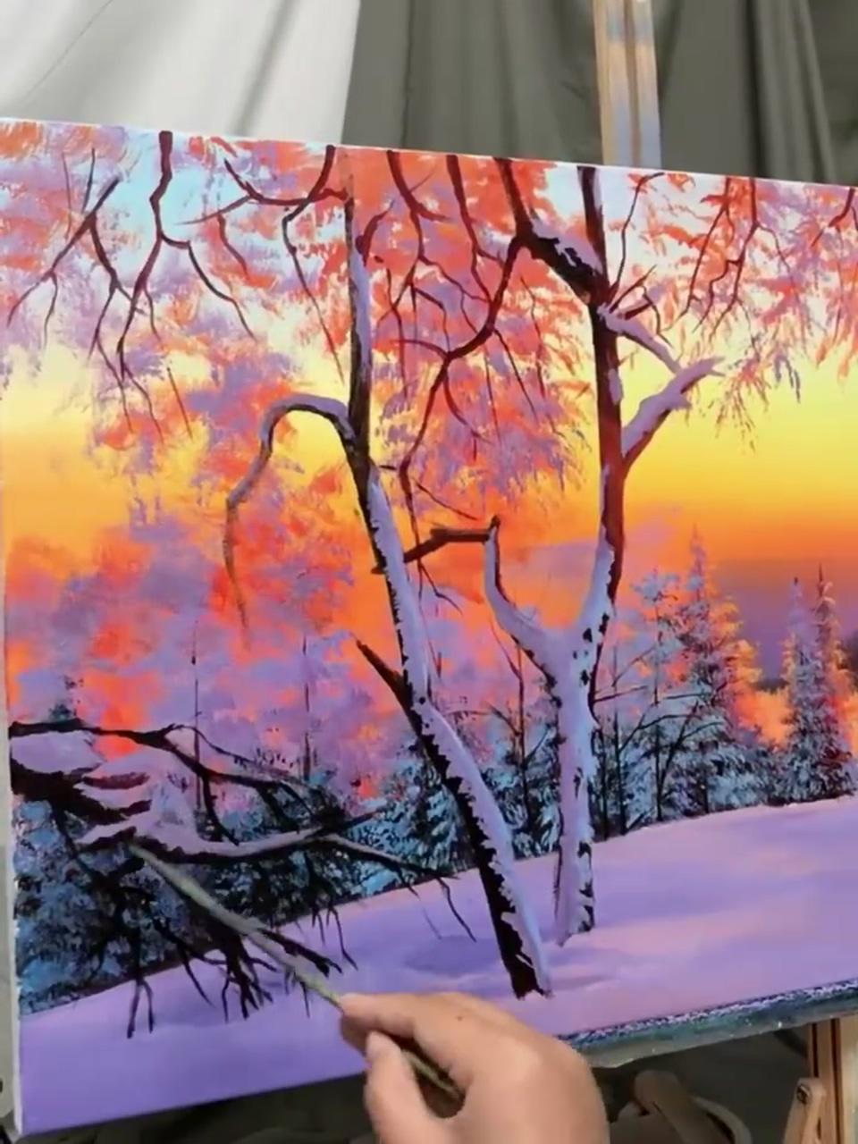 Snowy day oil painting snow acrylic painting snow tree forest oil painting sunset oil painting | moonlight oil painting, landscape acrylic painting