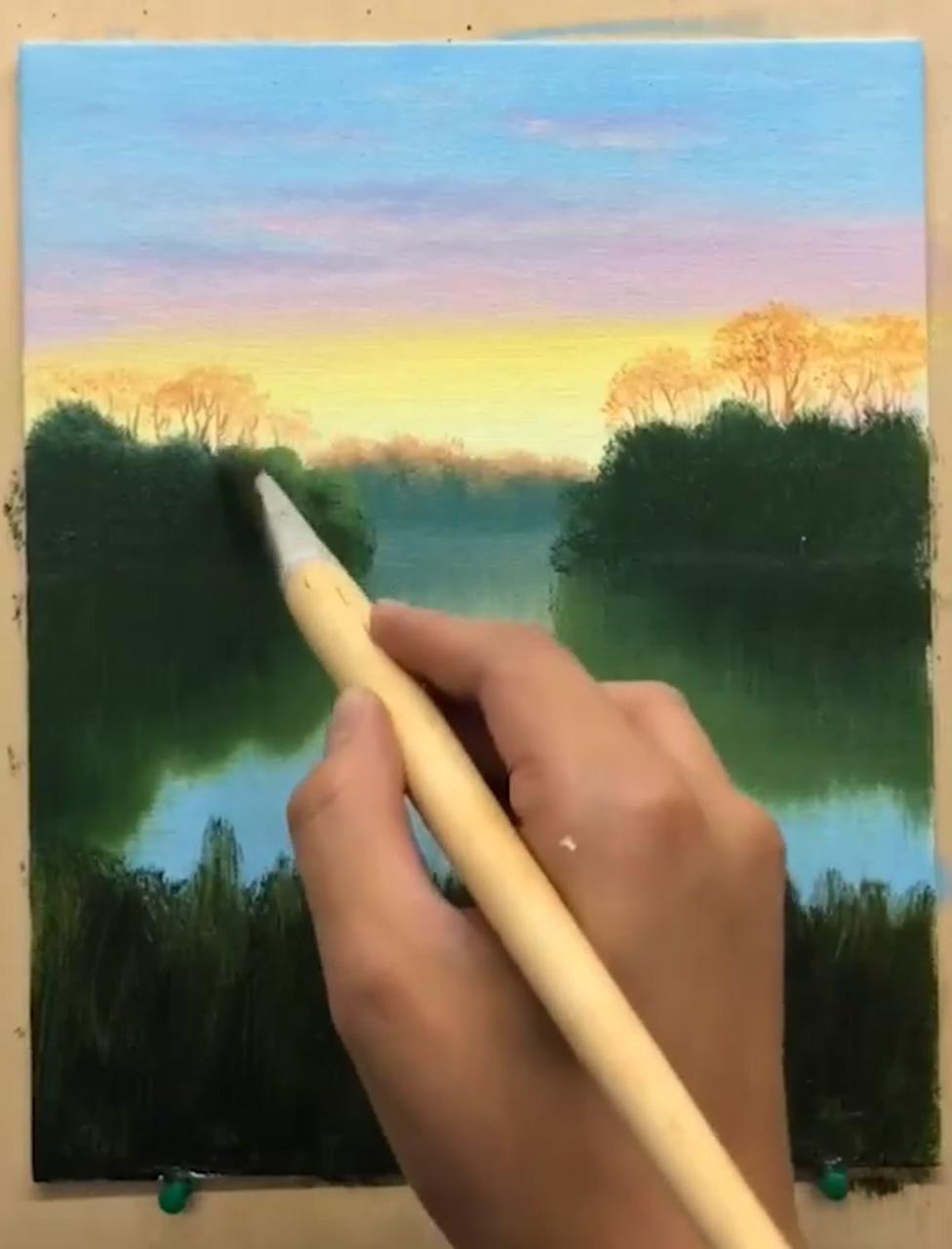 Sunset and water landscape; landscape painting tutorial
