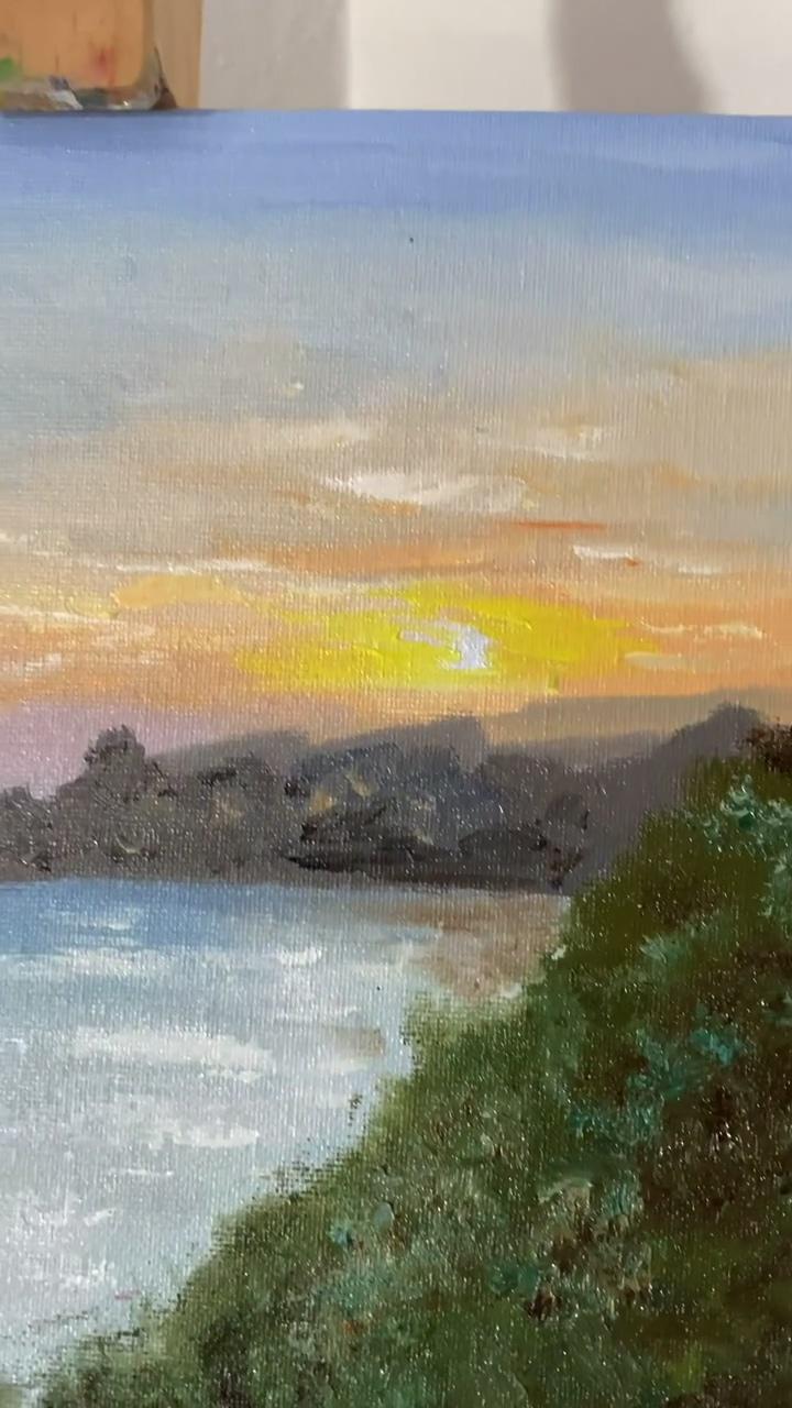 Sunset by the sea. landscape original oil painting by liza illichmann; acrylic painting sunshine gold mountain