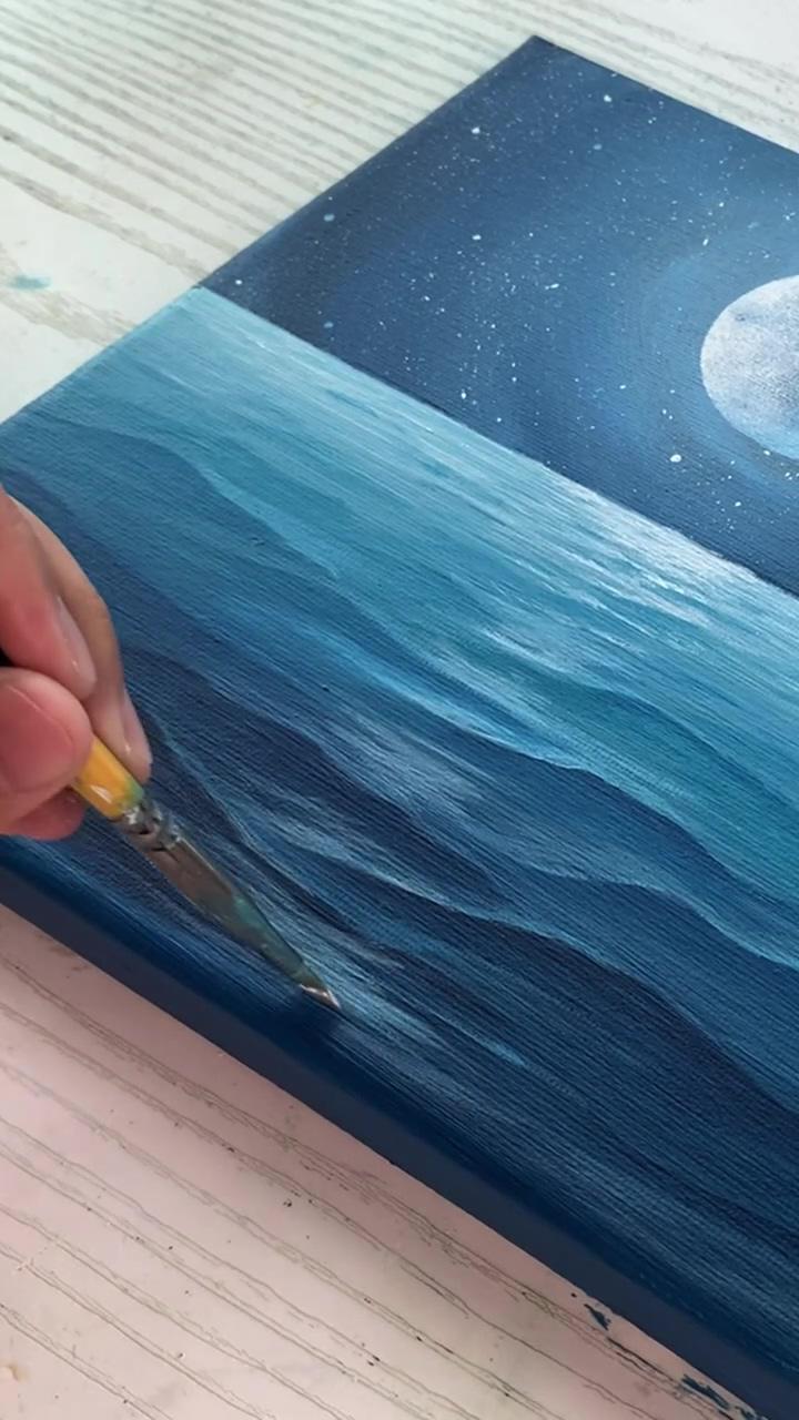 The easy way to paint moon reflection on sea water / acrylic painting tutorial for beginners; flower oil painting acrylic painting