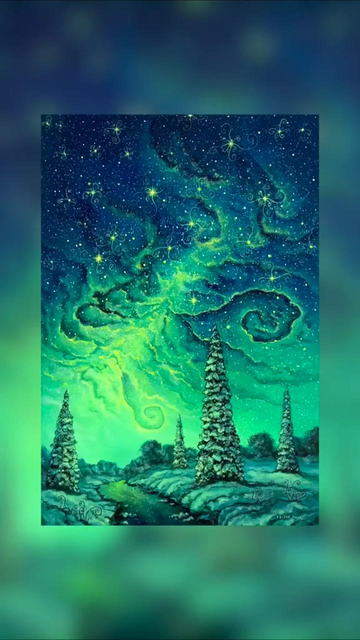 Winter nighttime scene, acrylic painting on canvas | tree of life pastel oil draw