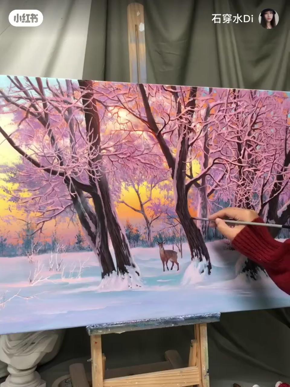 Winter snow oil painting, pink leaves acrylic painting | how to draw beautiful scenery with artbeek acrylic